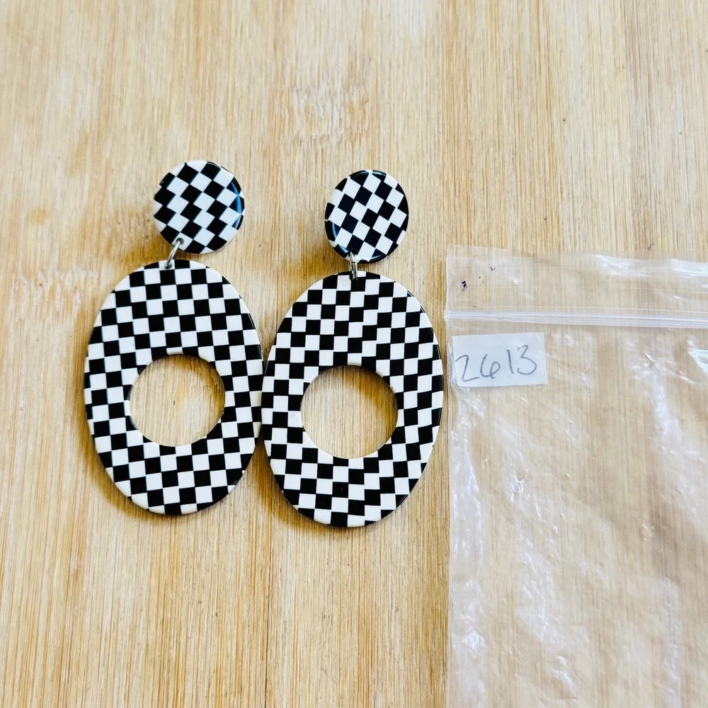 VTG Funky Flashy Checkered Earrings Lucite Runway Rave Dangle 80s Statement Post